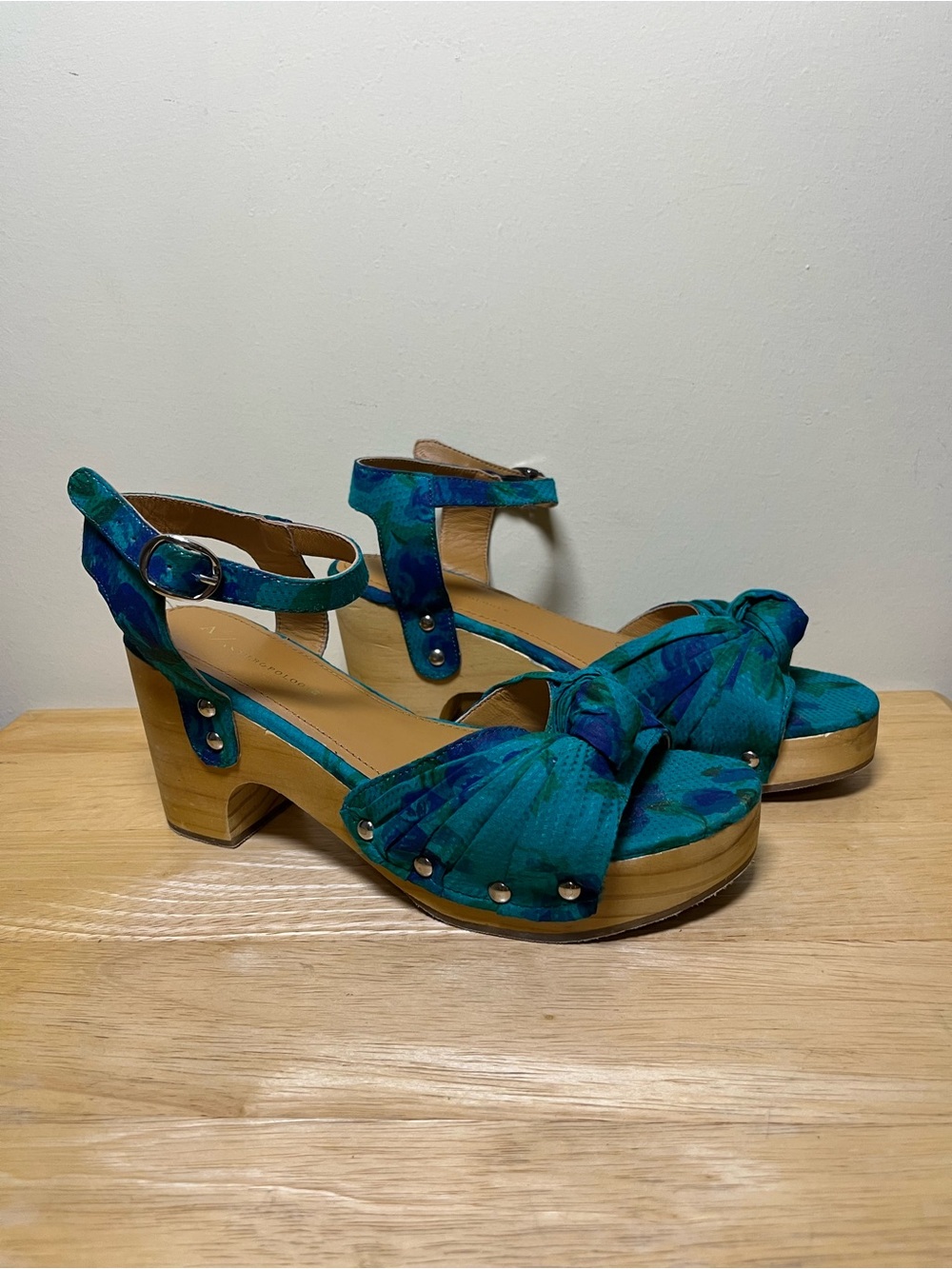 Anthropologie Elle Wooden Heel Sandals Knot Tie Ankle Strap Teal Womens Size 7.5